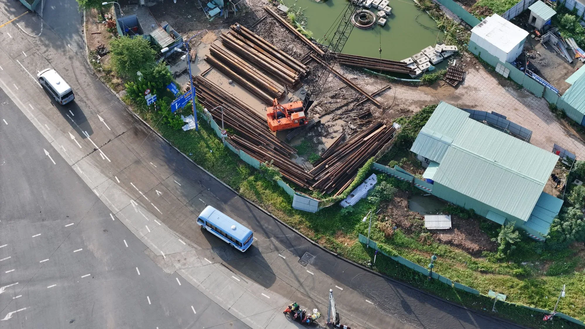 active construction site photographed from an aerial drone perspective
