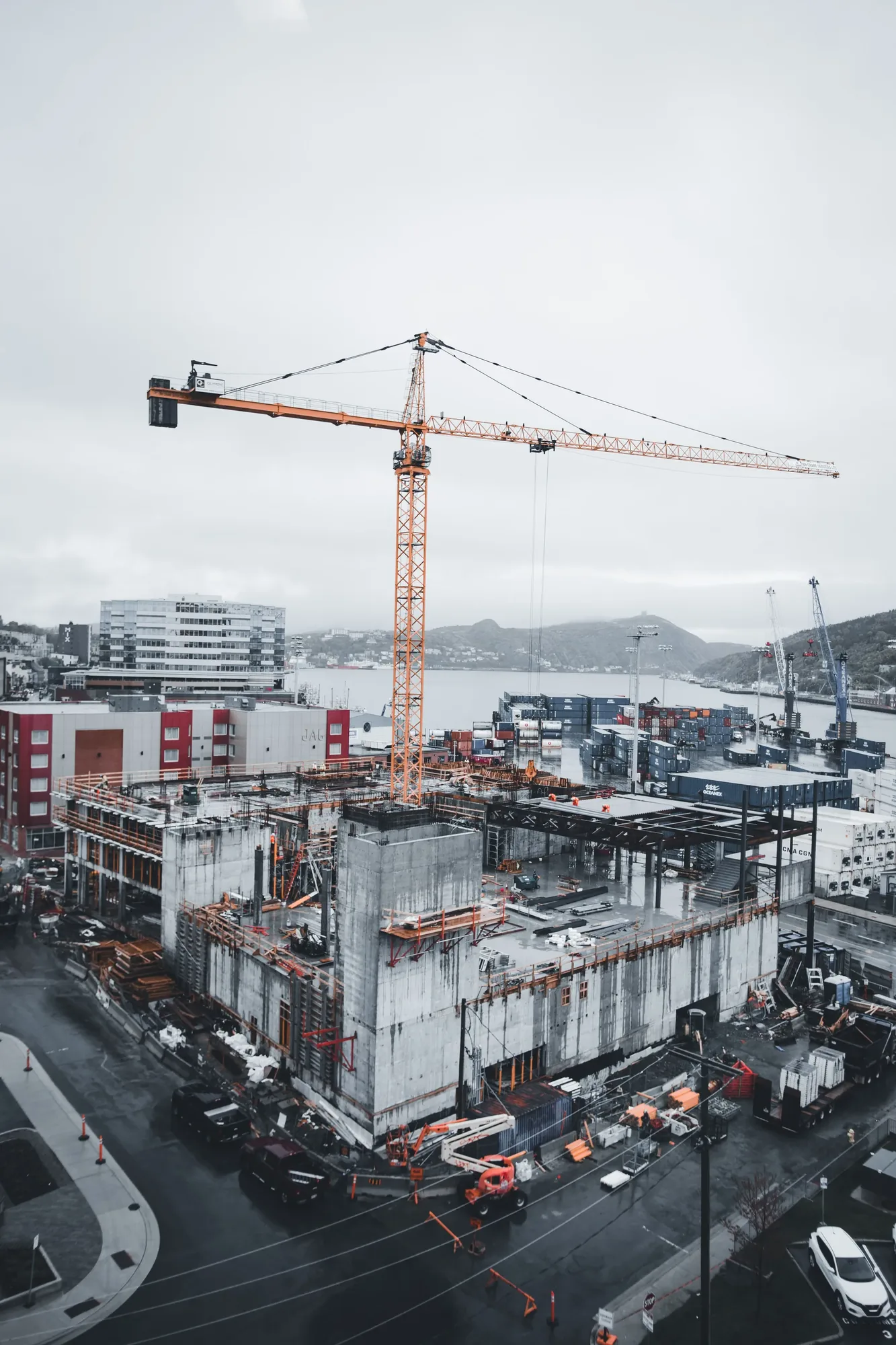 active construction site photographed from an aerial drone perspective