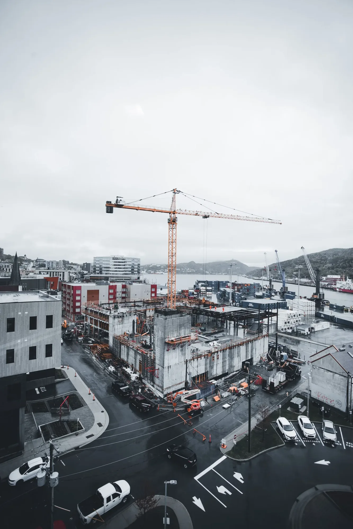 active construction site photographed from an aerial drone perspective