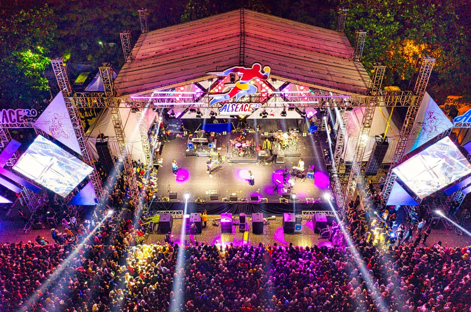 live event venue and audience photographed from an aerial drone perspective