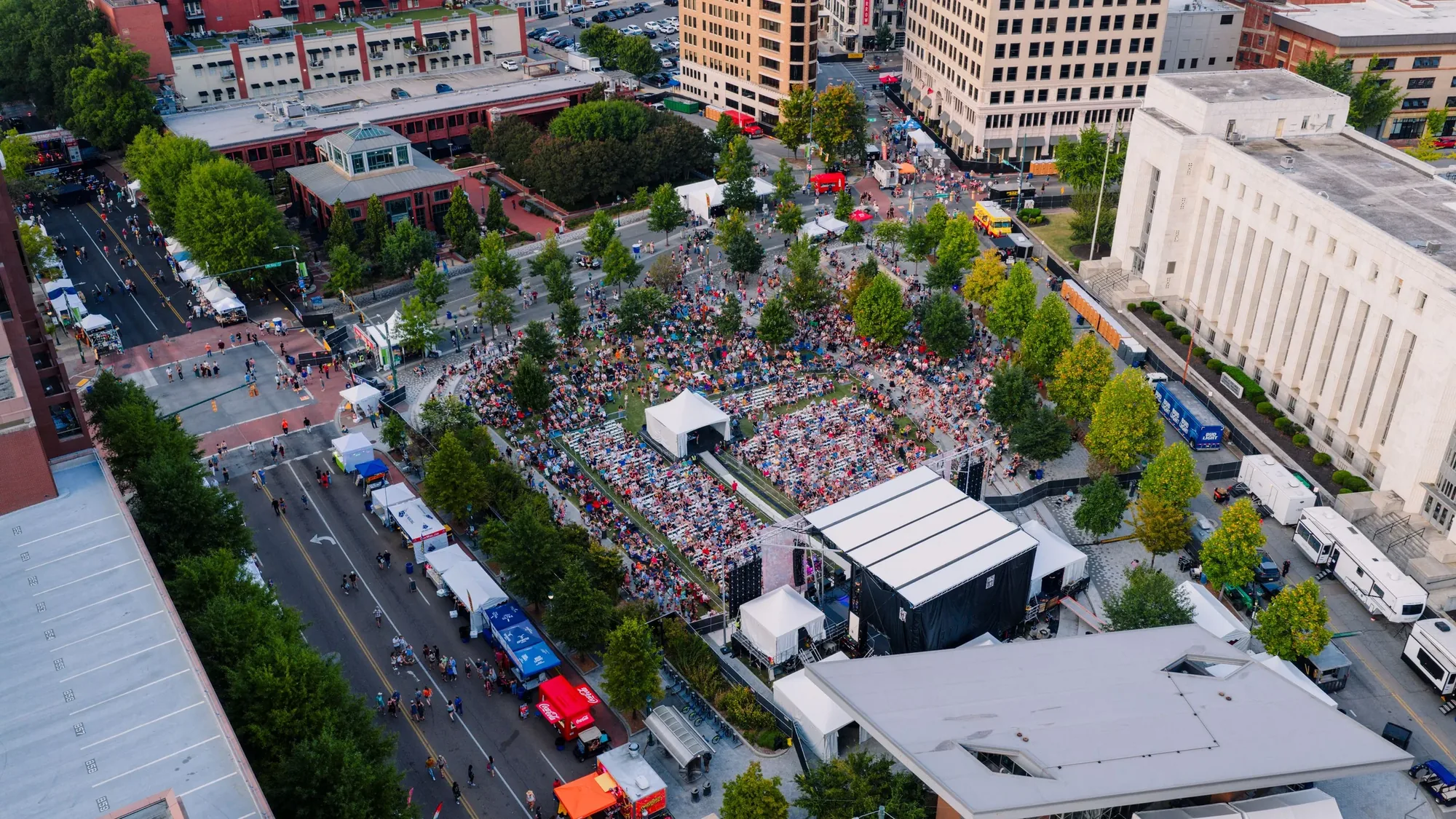 live event venue and audience photographed from an aerial drone perspective