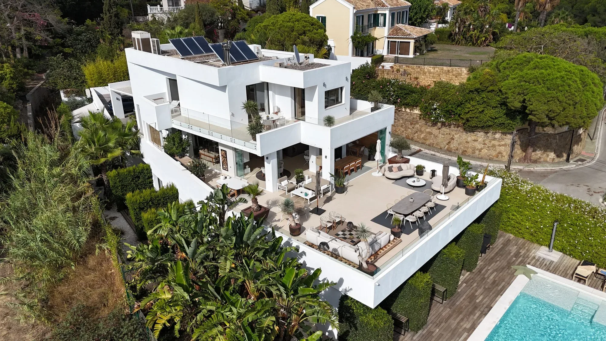 property and surrounding context photographed from an aerial drone perspective